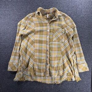 Free People Plaid Gauze Button Up Shirt Women XS Frayed Oversized Distressed